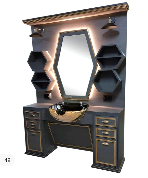 עמדת עבודה למספרה עם כיור ומראה – בעיצוב יוקרתי